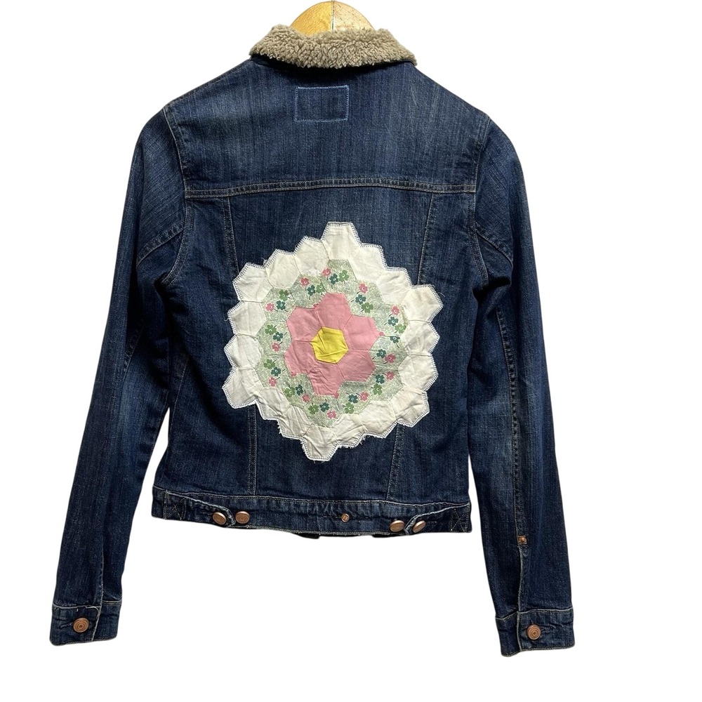 Upcycled Reworked Denim Trucker Jacket Women XS Sherpa Collar VTG Quilt Applique